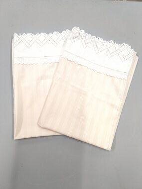Vintage Fieldcrest Peach Stripe & Embroidered Eyelet Lace Pillowcase Pair